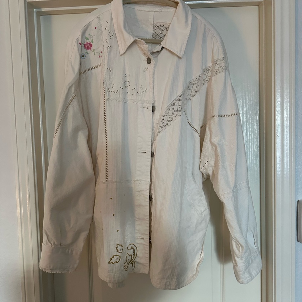 Anthropologie Embroidered Cream Jacket Size L